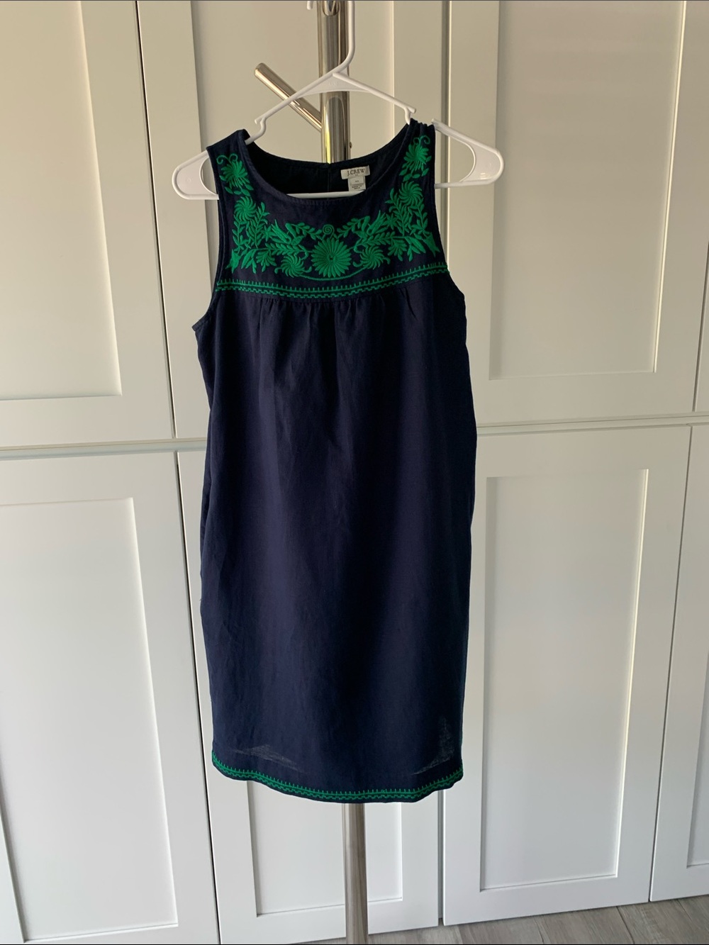 J. Crew Factory Navy Dress with Green Embroidered Yoke, Size XS.